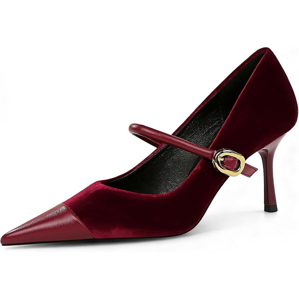 Women's Burgundy Pointed Toe Stiletto Slip On Single-Strap Comfortable Pump Heel - Picture 1 of 6